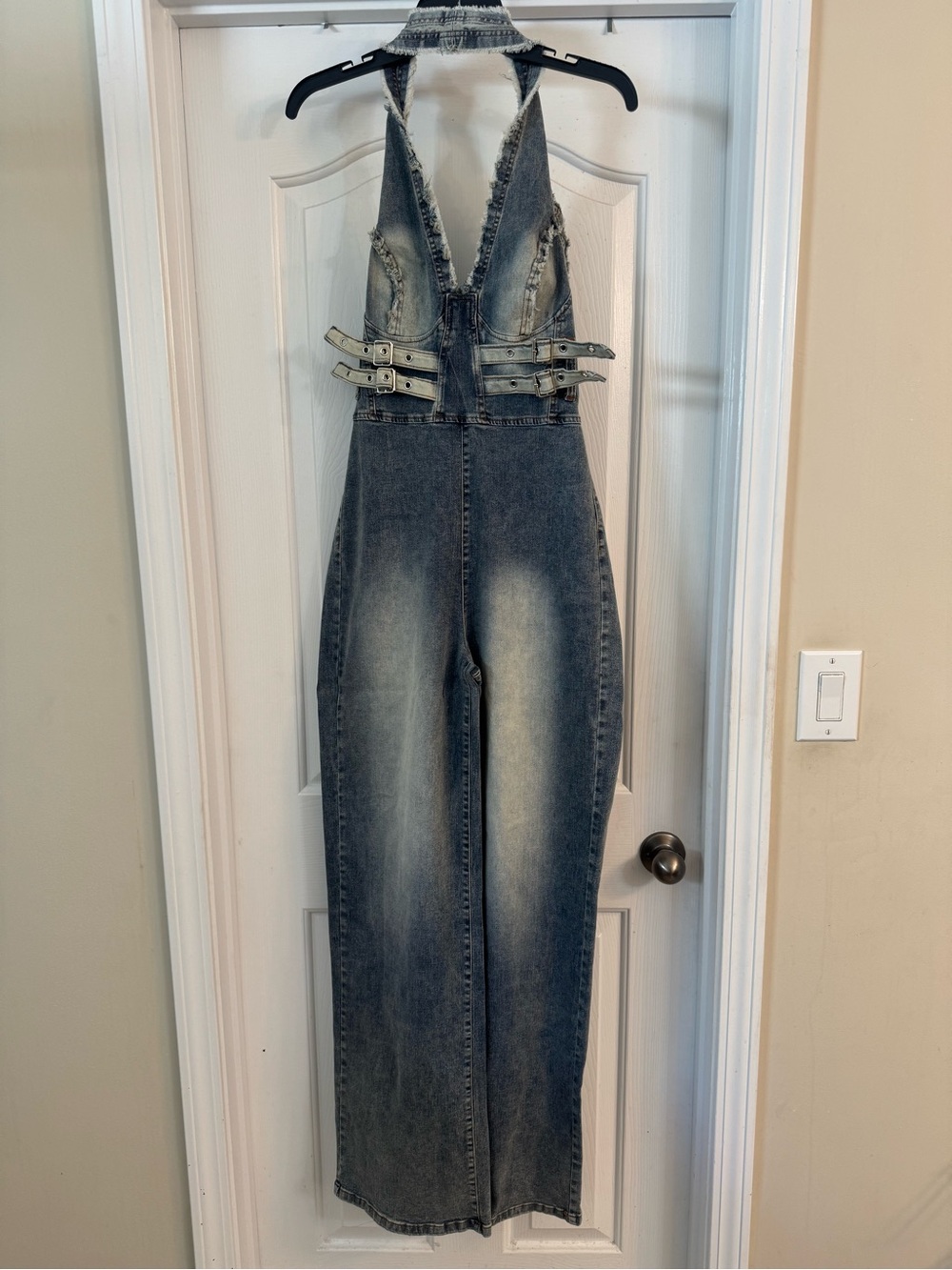 Fashion Nova Washed Blue Denim Halter Jumpsuit Overalls